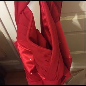 Red gown with spaghetti straps and  scarf